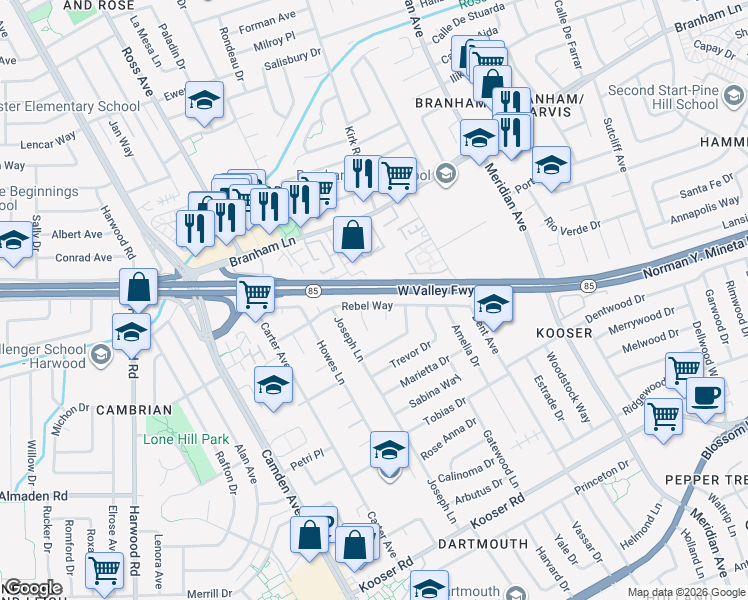 map of restaurants, bars, coffee shops, grocery stores, and more near 5059 Rebel Court in San Jose