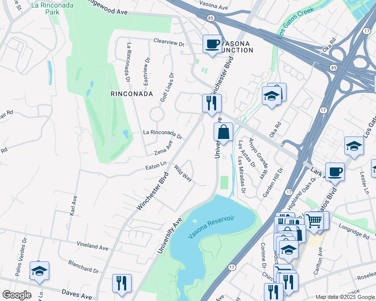 map of restaurants, bars, coffee shops, grocery stores, and more near 17131 Summit Way in Los Gatos