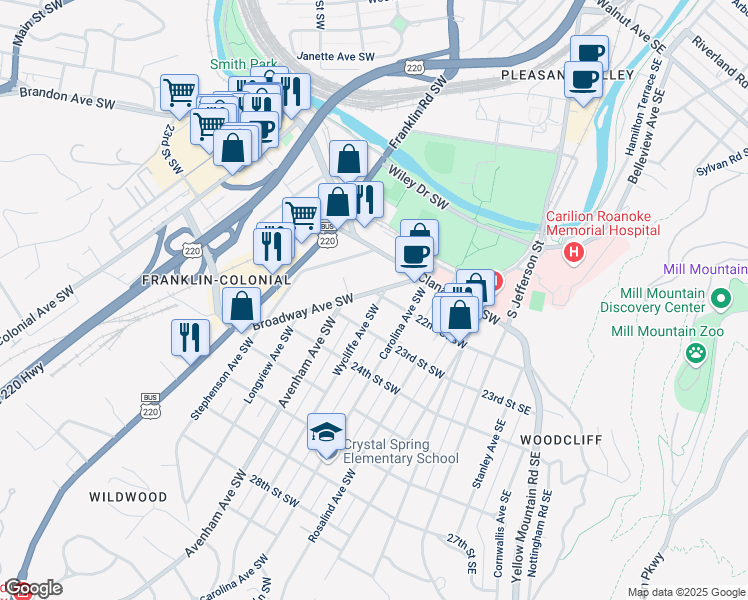 map of restaurants, bars, coffee shops, grocery stores, and more near 2222 Wycliffe Avenue Southwest in Roanoke