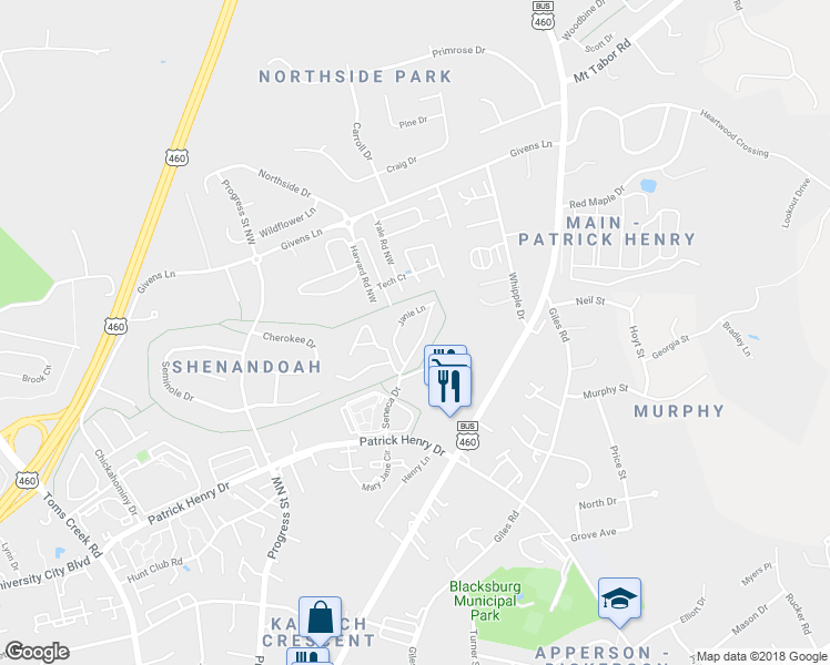 map of restaurants, bars, coffee shops, grocery stores, and more near 206 Janie Lane in Blacksburg