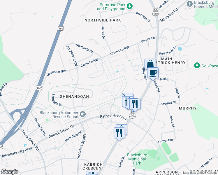 map of restaurants, bars, coffee shops, grocery stores, and more near 310 Pheasant Run Court in Blacksburg