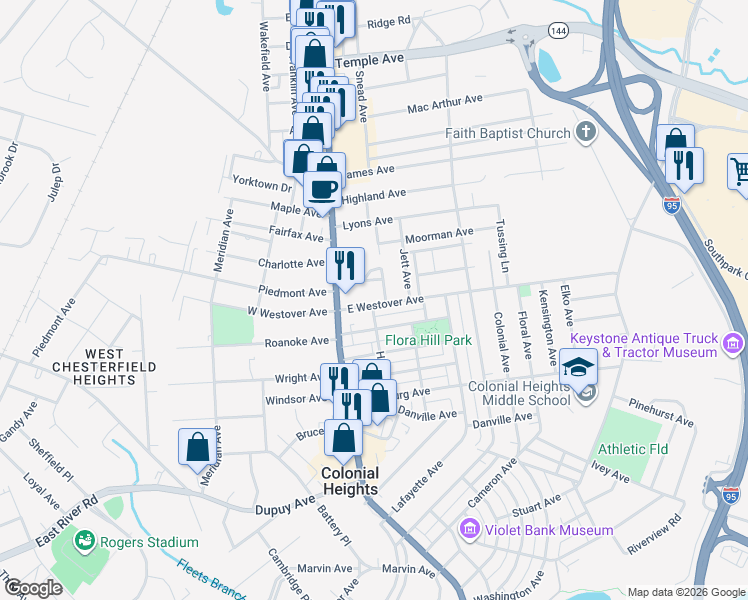 map of restaurants, bars, coffee shops, grocery stores, and more near 202 Richmond Avenue in Colonial Heights