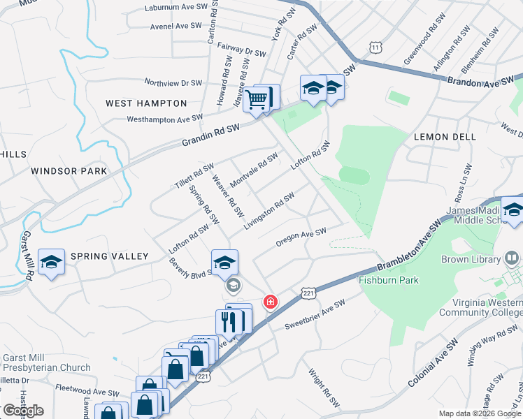 map of restaurants, bars, coffee shops, grocery stores, and more near 2543 Alberta Avenue Southwest in Roanoke