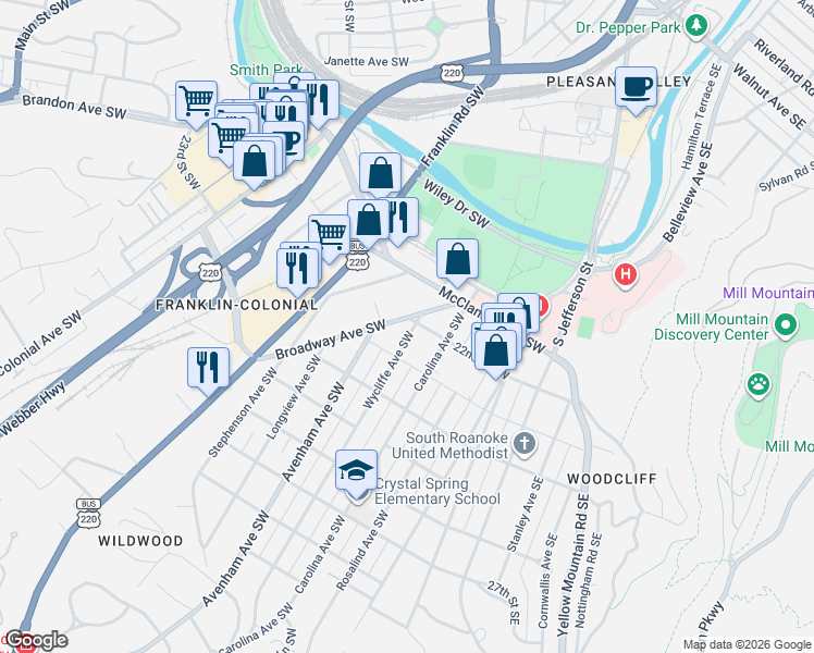 map of restaurants, bars, coffee shops, grocery stores, and more near 2222 Wycliffe Avenue Southwest in Roanoke