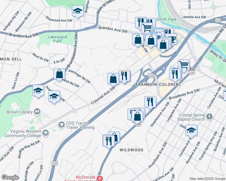map of restaurants, bars, coffee shops, grocery stores, and more near 2742 Colonial Avenue Southwest in Roanoke