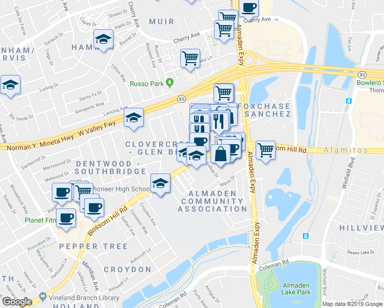map of restaurants, bars, coffee shops, grocery stores, and more near 5547 Russo Drive in San Jose