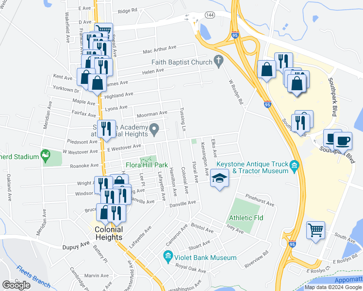map of restaurants, bars, coffee shops, grocery stores, and more near 1005 Colonial Avenue in Colonial Heights