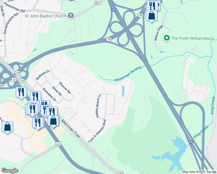map of restaurants, bars, coffee shops, grocery stores, and more near 703 Tam-O-Shanter Boulevard in Williamsburg