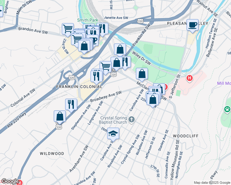 map of restaurants, bars, coffee shops, grocery stores, and more near 2317 Broadway Avenue Southwest in Roanoke