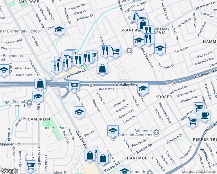 map of restaurants, bars, coffee shops, grocery stores, and more near 5059 Rebel Court in San Jose