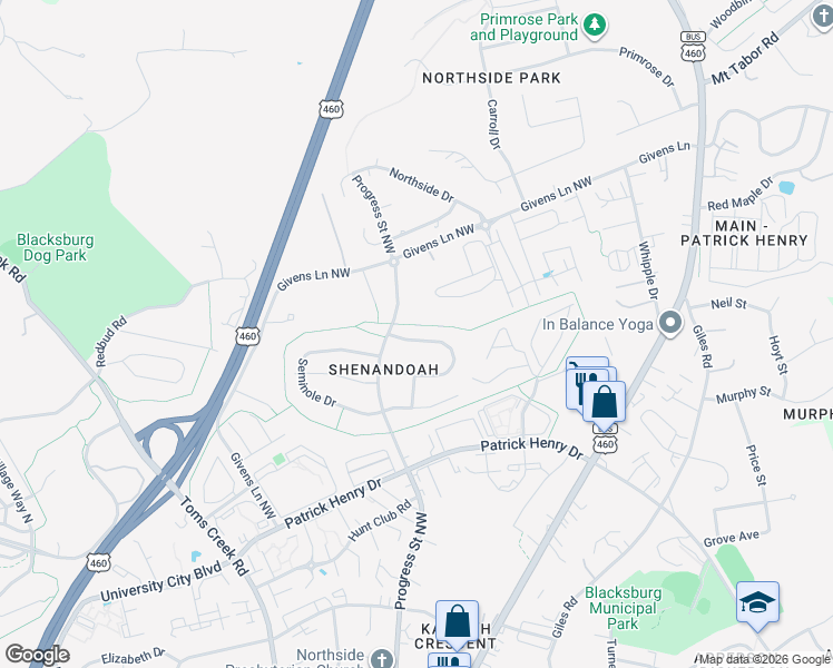 map of restaurants, bars, coffee shops, grocery stores, and more near Ferrum Cir in Blacksburg