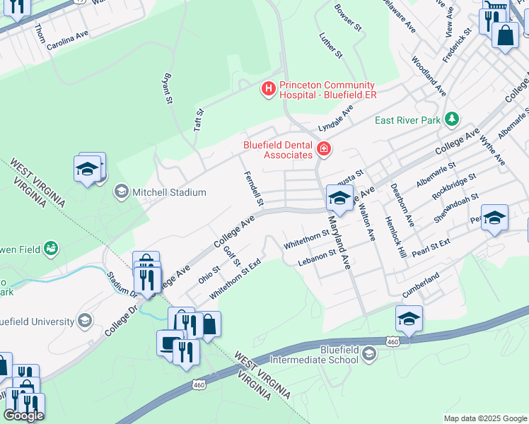 map of restaurants, bars, coffee shops, grocery stores, and more near 1500 College Avenue in Bluefield