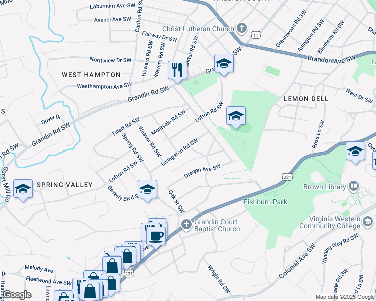 map of restaurants, bars, coffee shops, grocery stores, and more near 2454 Livingston Road Southwest in Roanoke
