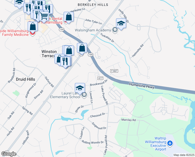 map of restaurants, bars, coffee shops, grocery stores, and more near 3193 Lake Powell Road in Williamsburg