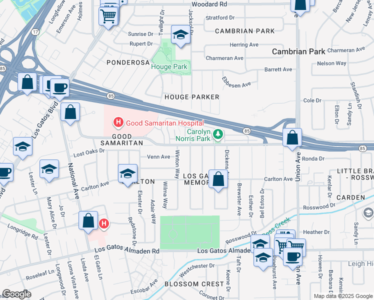 map of restaurants, bars, coffee shops, grocery stores, and more near 4813 Clydelle Avenue in San Jose