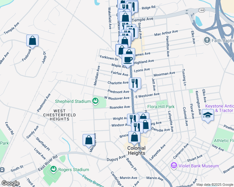 map of restaurants, bars, coffee shops, grocery stores, and more near 169 Piedmont Avenue in Colonial Heights