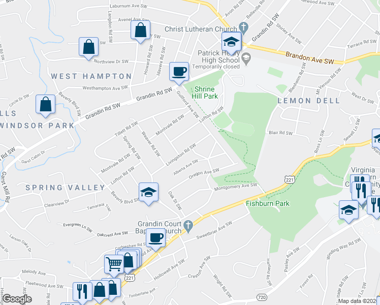 map of restaurants, bars, coffee shops, grocery stores, and more near 2454 Livingston Road Southwest in Roanoke