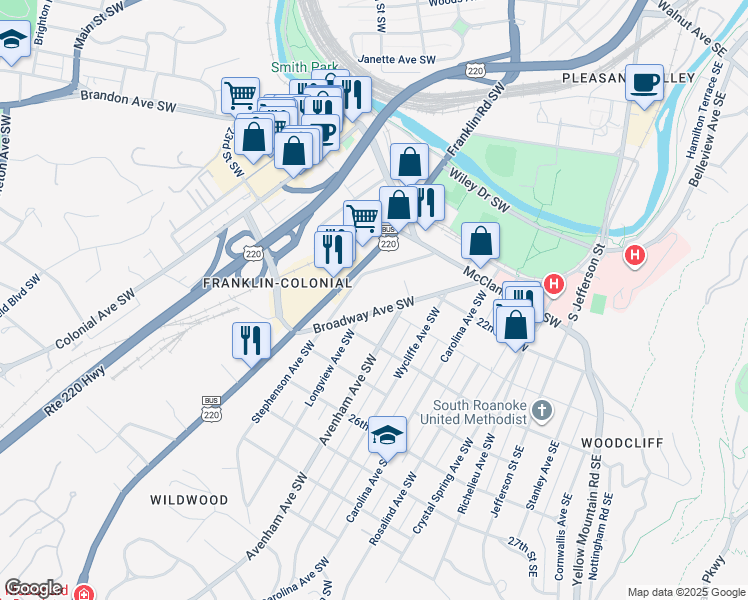 map of restaurants, bars, coffee shops, grocery stores, and more near 2122 Stephenson Avenue Southwest in Roanoke