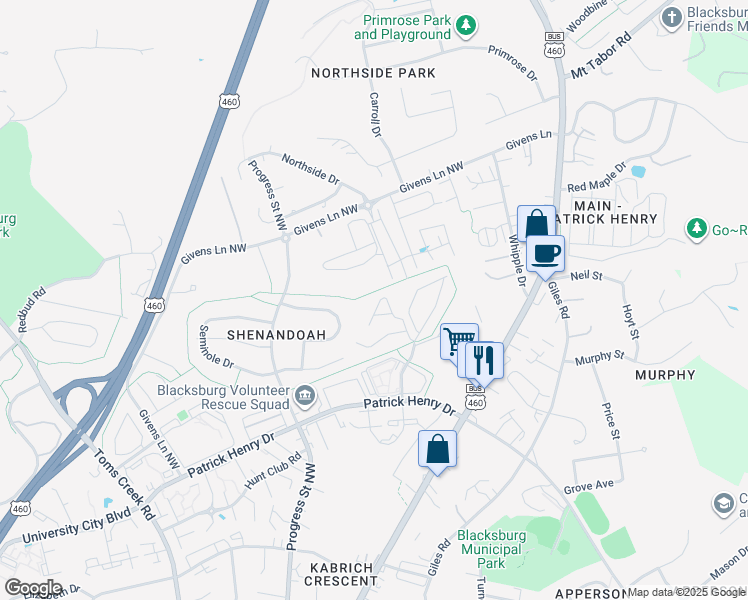 map of restaurants, bars, coffee shops, grocery stores, and more near 347 Pheasant Run Circle in Blacksburg