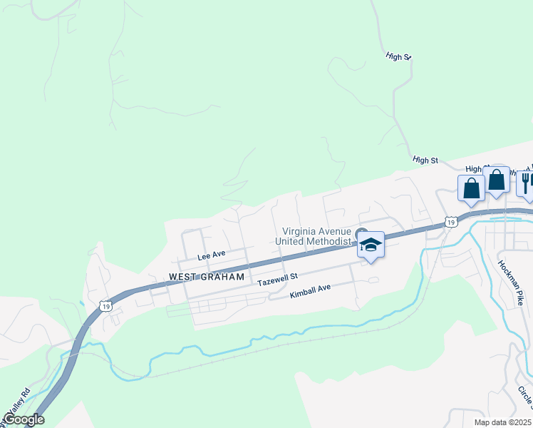 map of restaurants, bars, coffee shops, grocery stores, and more near 235 Poe Street in Bluefield