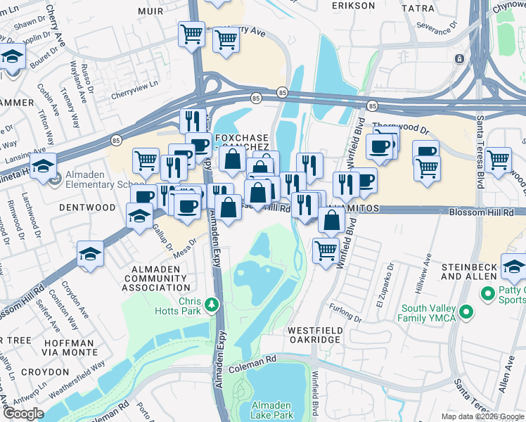 map of restaurants, bars, coffee shops, grocery stores, and more near in San Jose