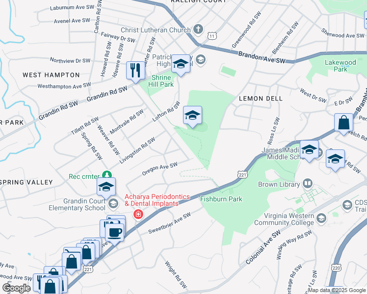 map of restaurants, bars, coffee shops, grocery stores, and more near 2928 Guilford Avenue Southwest in Roanoke