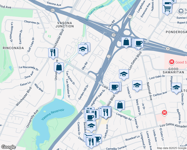 map of restaurants, bars, coffee shops, grocery stores, and more near 16605 Lark Avenue in Los Gatos