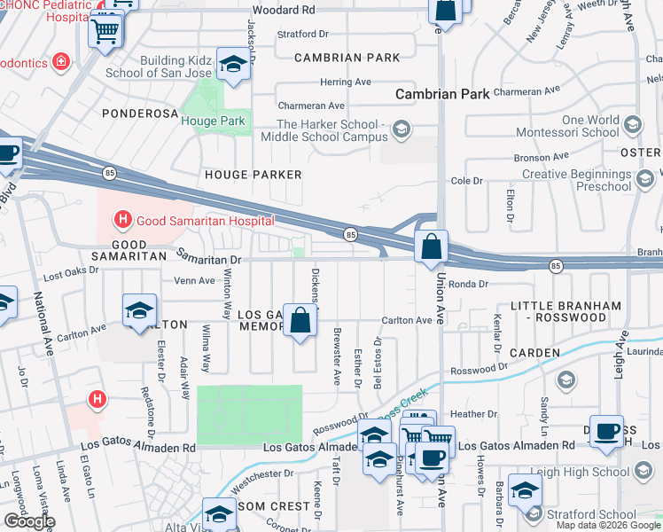 map of restaurants, bars, coffee shops, grocery stores, and more near 2150 Mendocino Lane in San Jose