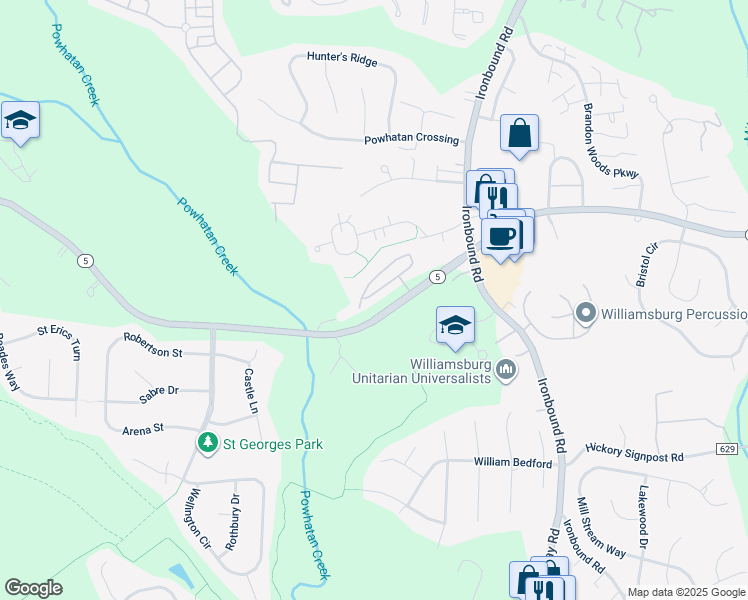 map of restaurants, bars, coffee shops, grocery stores, and more near 703 Prosperity Court in Williamsburg