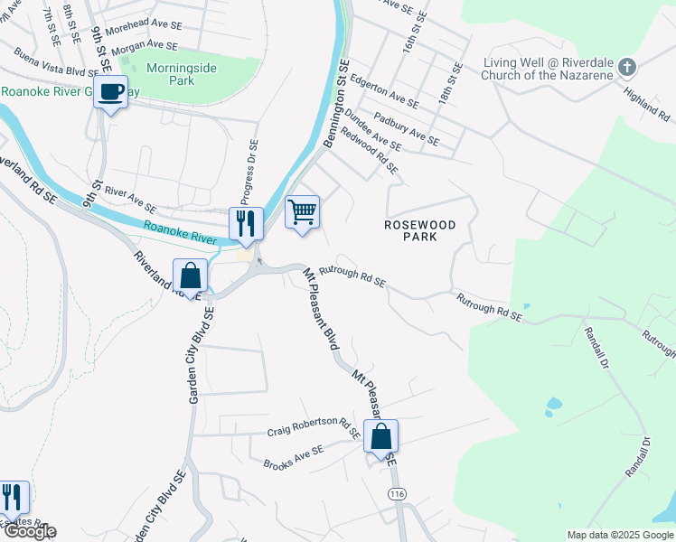 map of restaurants, bars, coffee shops, grocery stores, and more near 1602 Rutrough Road Southeast in Roanoke