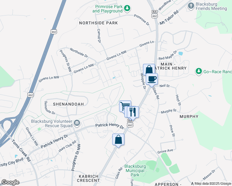 map of restaurants, bars, coffee shops, grocery stores, and more near 427 Janie Lane in Blacksburg