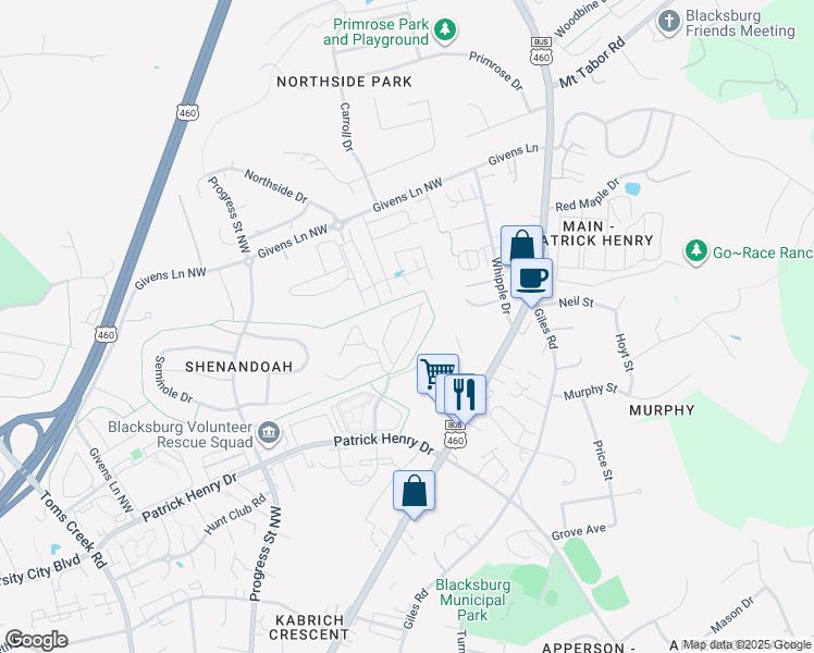 map of restaurants, bars, coffee shops, grocery stores, and more near 427 Janie Lane in Blacksburg
