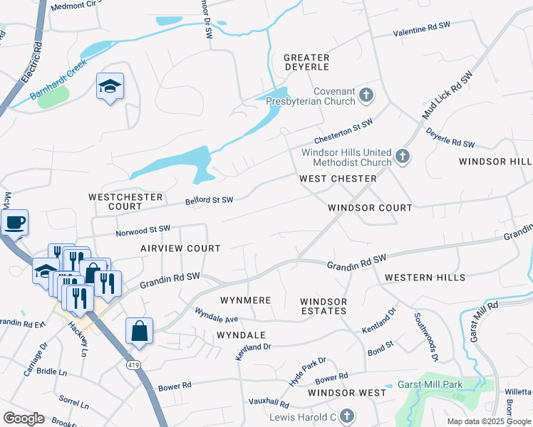 map of restaurants, bars, coffee shops, grocery stores, and more near 4112 Norwood Street Southwest in Roanoke