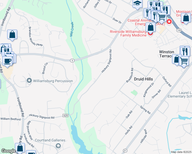 map of restaurants, bars, coffee shops, grocery stores, and more near 4950 Hickory Signpost Road in Williamsburg
