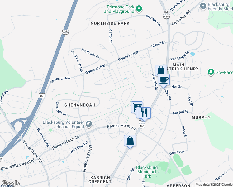 map of restaurants, bars, coffee shops, grocery stores, and more near 318 Pheasant Run Court in Blacksburg