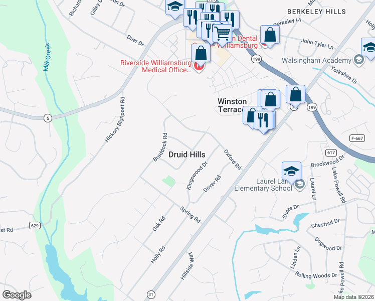 map of restaurants, bars, coffee shops, grocery stores, and more near 103 Anthony Wayne Road in Williamsburg