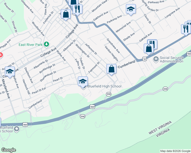 map of restaurants, bars, coffee shops, grocery stores, and more near 2313 Rose Street in Bluefield