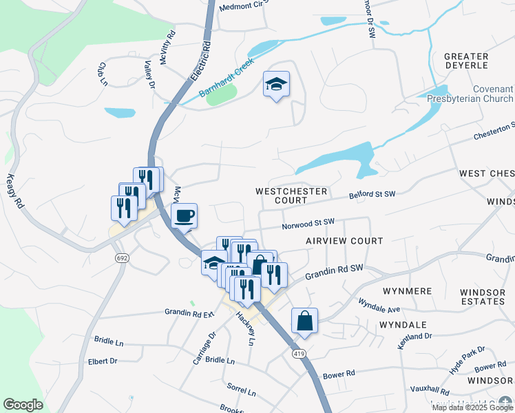 map of restaurants, bars, coffee shops, grocery stores, and more near 1763 Driftwood Lane Southwest in Roanoke