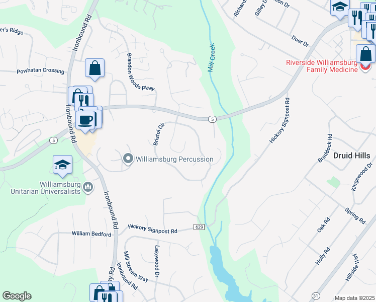 map of restaurants, bars, coffee shops, grocery stores, and more near 3352 New Castle Dr in Williamsburg
