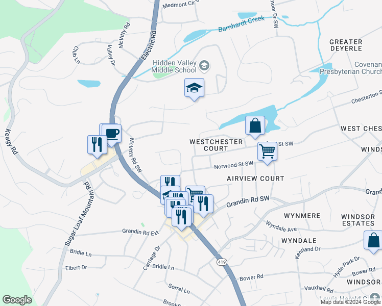 map of restaurants, bars, coffee shops, grocery stores, and more near 1763 Driftwood Lane Southwest in Roanoke
