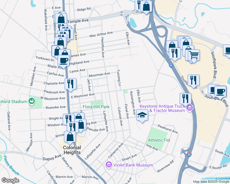 map of restaurants, bars, coffee shops, grocery stores, and more near 61 Colonial Court in Colonial Heights