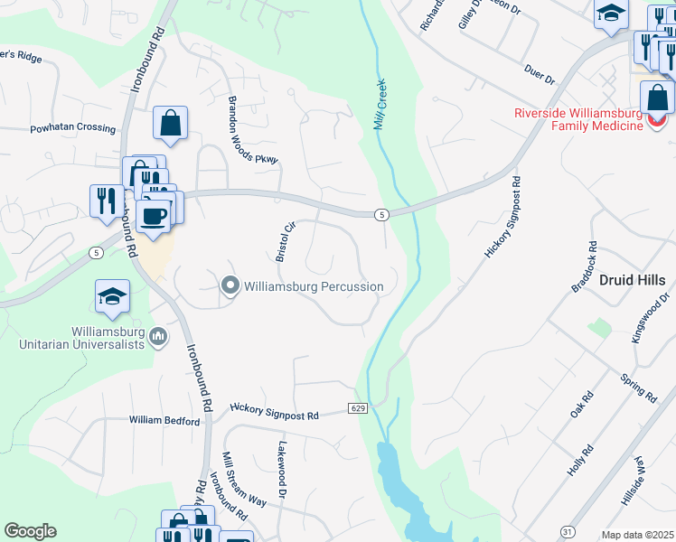 map of restaurants, bars, coffee shops, grocery stores, and more near 3352 New Castle Dr in Williamsburg