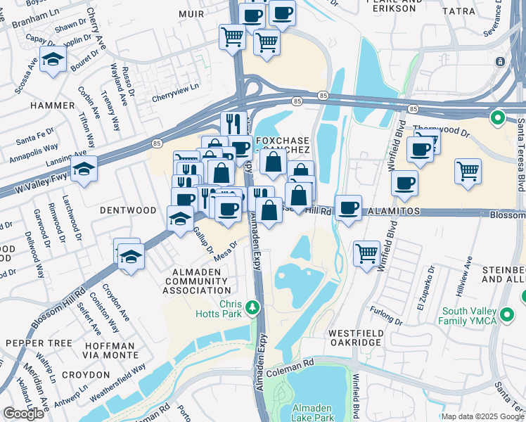 map of restaurants, bars, coffee shops, grocery stores, and more near 1099 Blossom Hill Road in San Jose