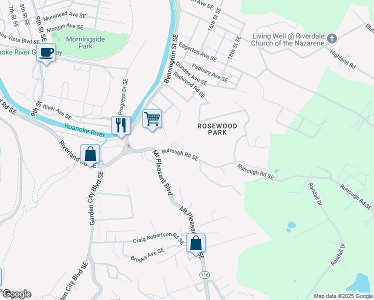 map of restaurants, bars, coffee shops, grocery stores, and more near 1718 Rutrough Road Southeast in Roanoke