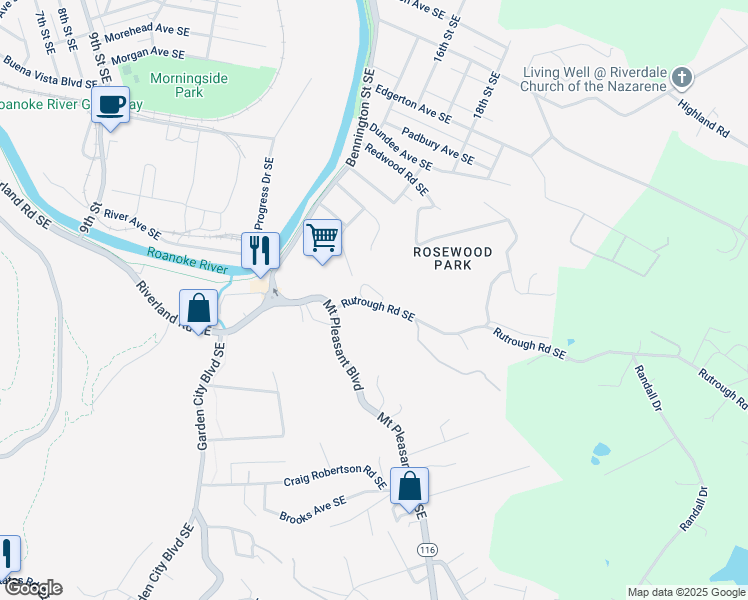 map of restaurants, bars, coffee shops, grocery stores, and more near 1718 Rutrough Road Southeast in Roanoke