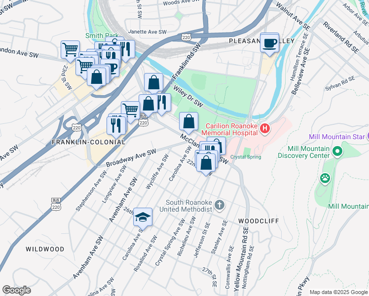 map of restaurants, bars, coffee shops, grocery stores, and more near 2107 Broadway Avenue Southwest in Roanoke