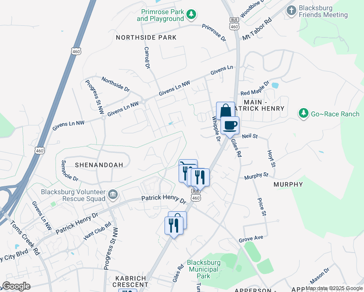 map of restaurants, bars, coffee shops, grocery stores, and more near 1505 North Main Street in Blacksburg