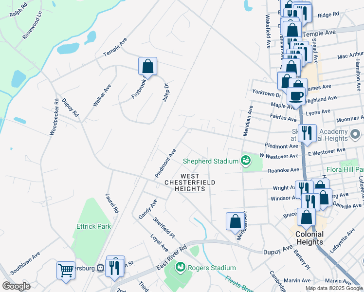 map of restaurants, bars, coffee shops, grocery stores, and more near 19801 Piedmont Avenue in Colonial Heights
