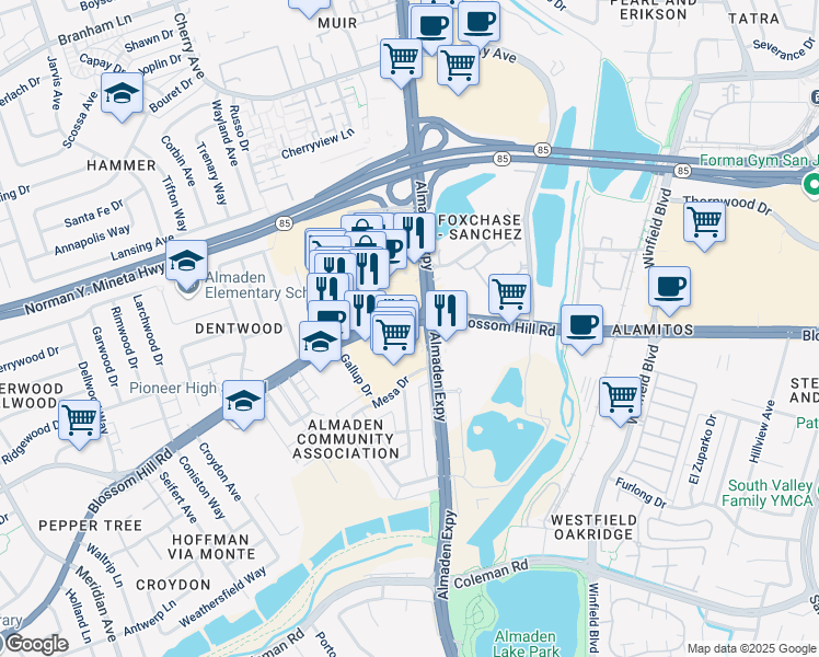 map of restaurants, bars, coffee shops, grocery stores, and more near 1130 Blossom Hill Rd in San Jose