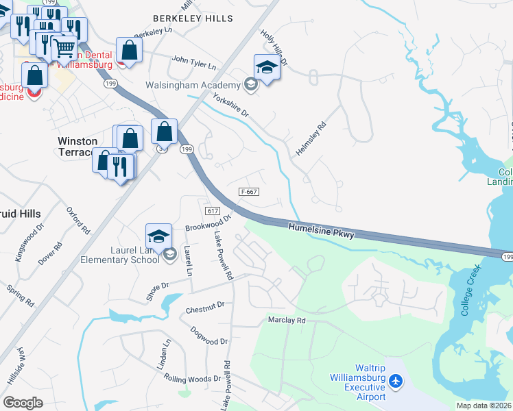 map of restaurants, bars, coffee shops, grocery stores, and more near 216 Brookwood Drive in Williamsburg